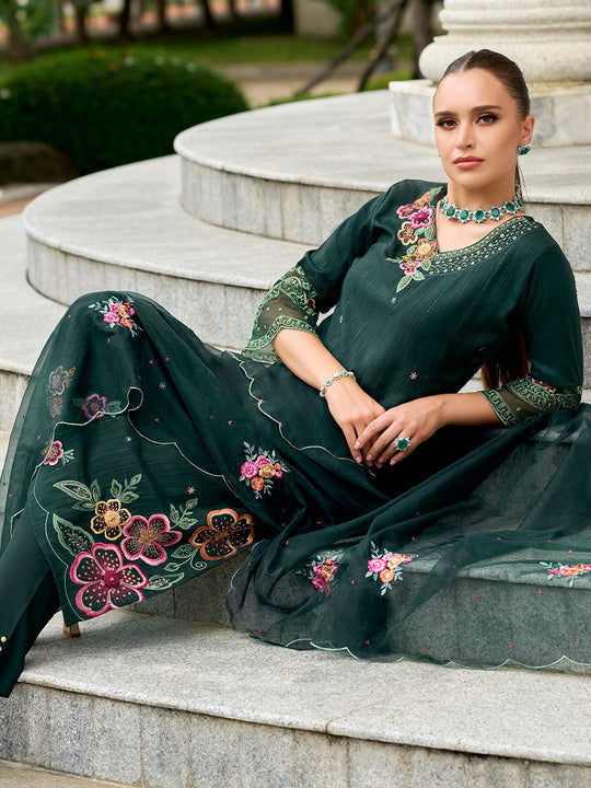 Indo Era Green Embroidered Straight Kurta Trousers With Dupatta set