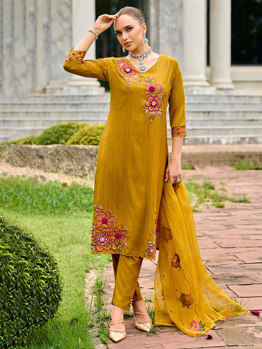 Indo Era Mustard Embroidered Straight Kurta Trousers With Dupatta set