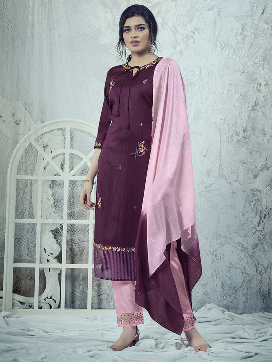 Indo Era Purple Embroidered Straight Kurta Trouser With Dupatta Set
