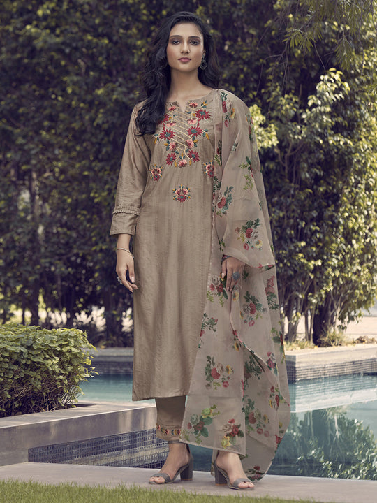 Indo Era Coffee Embroidered Straight Kurta Trouser With Dupatta Set
