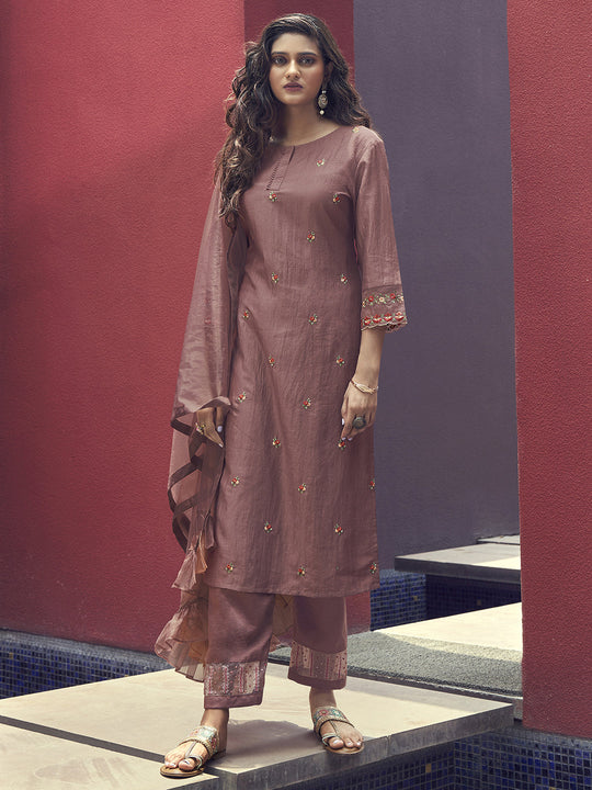 Indo Era Mauve Embridered Straight Kurta Trouser With Dupatta Set