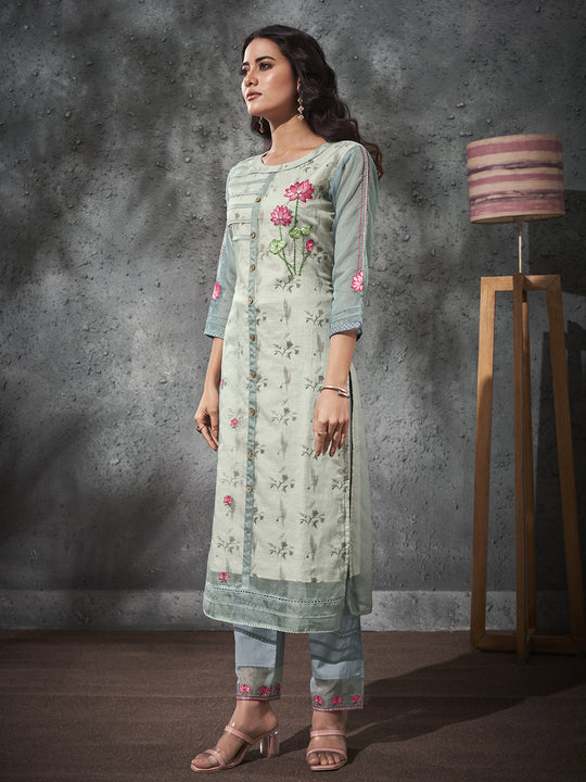 Indo Era Blue Floral Embroidered Straight Kurta With Trouser Set