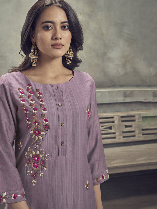 Indo Era Purple Floral Embroidered Straight Kurta Trouser With Dupatta Set