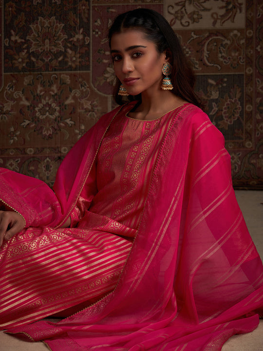 Indo Era Pink Printed Straight Kurta Trousers With Dupatta Set