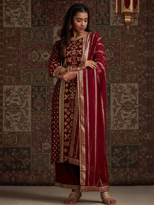 Indo Era Maroon Printed Straight Kurta Trousers With Dupatta Set