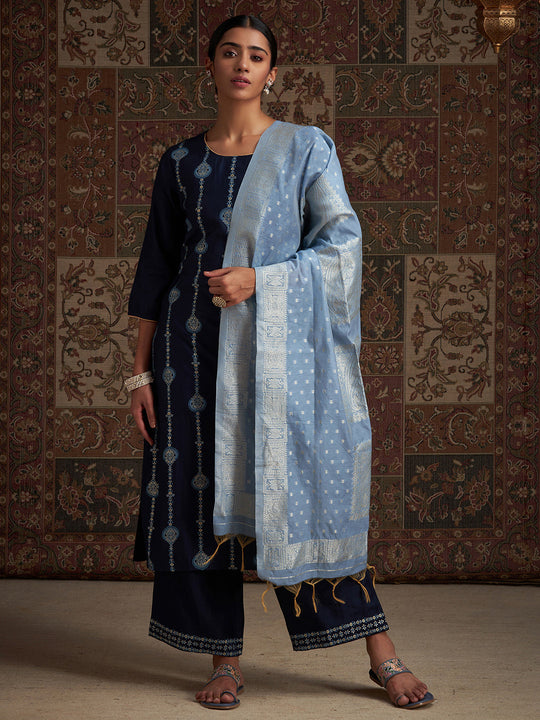 Indo Era Navy Blue Embroidered Straight Kurta Palazzos With Dupatta Set