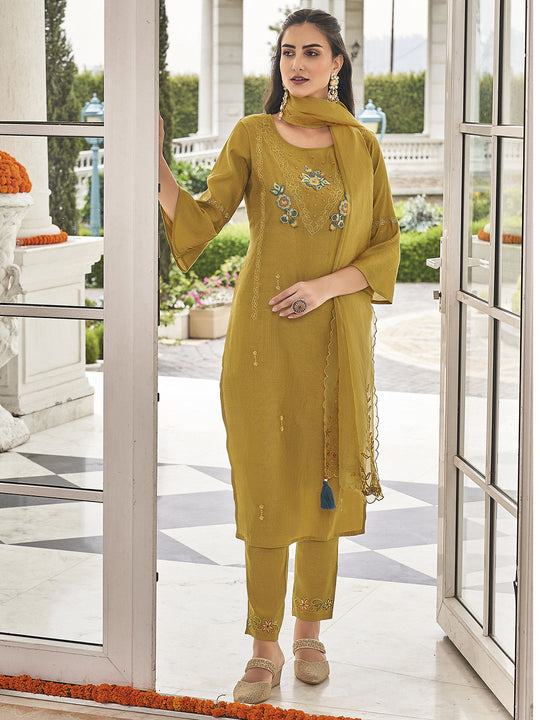 Indo Era Mustard Embroidered Straight Kurta Trousers With Dupatta Set
