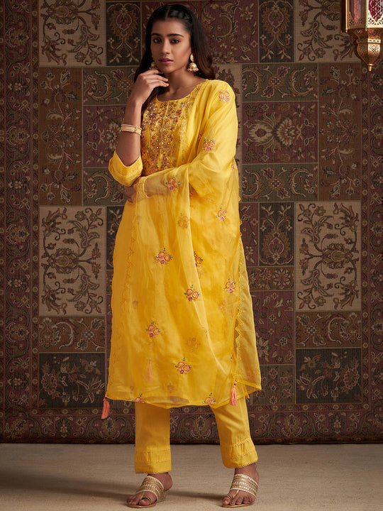 Indo Era Mustard Embroidered Straight Kurta Trousers With Dupatta Set