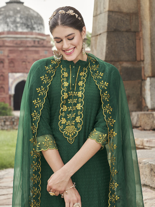 Indo Era Green Embroidered Straight Kurta Trousers With Dupatta Set