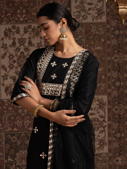 Indo Era Black Embroidered Straight Kurta Trousers With Dupatta Set