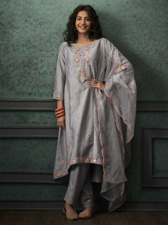 Indo Era Grey Embroidered Straight Kurta Trousers With Dupatta Set