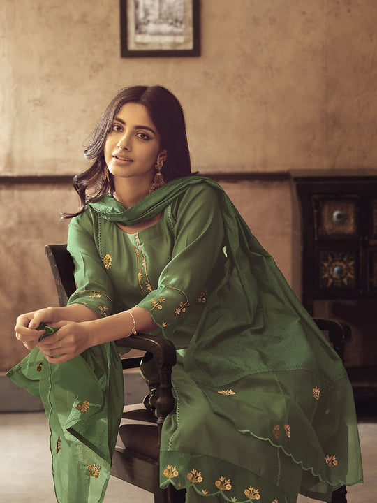 Indo Era Green Embroidered Straight Kurta Trousers With Dupatta Set