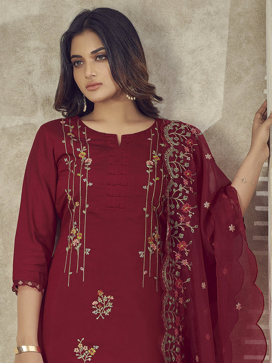 Indo Era Red Embroidered Straight Kurta Trousers With Dupatta Set