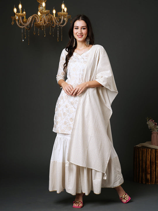 Indo Era Off White Printed Straight Kurta Sharara With Dupatta Set
