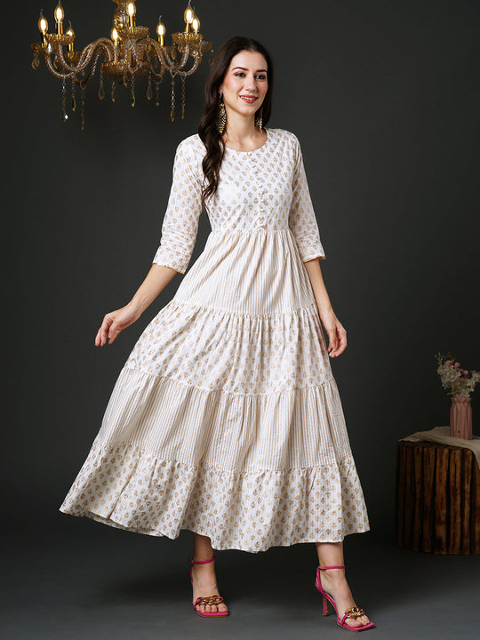 Indo Era Off White Printed A-Line Ethnic Dress