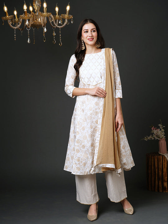 Indo Era Off White Printed A-Line Kurta Palazzos With Dupatta Set