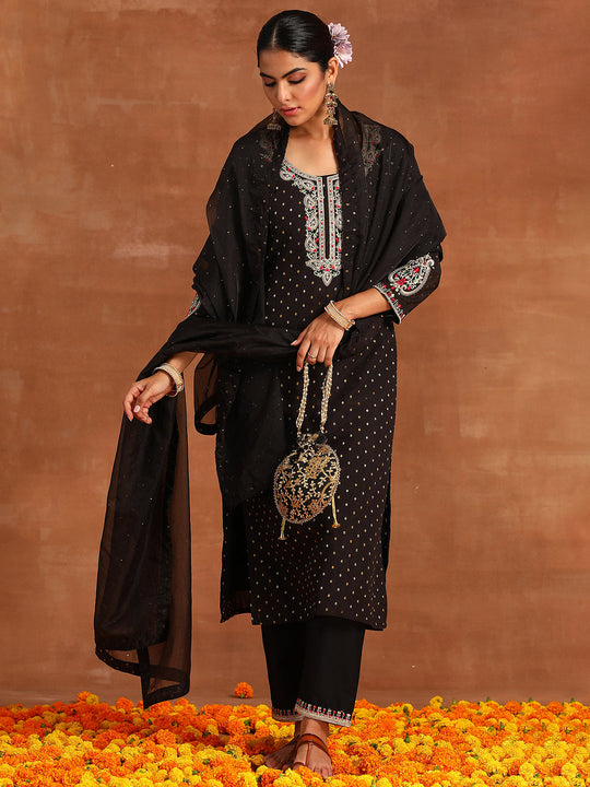 Indo Era Black Embroidered Straight Kurta Trousers With Dupatta Set