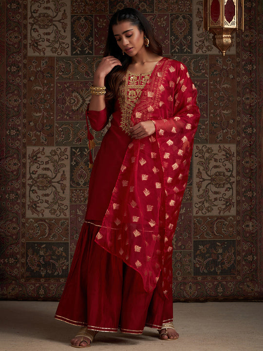 Indo Era Red Embroidered Straight Kurta Sharara With Dupatta Set