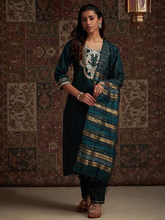 Indo Era Green Solid Straight Kurta Trousers With Dupatta Set