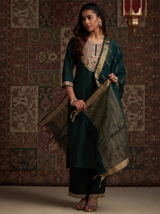 Indo Era Green Solid Straight Kurta Palazzos With Dupatta Set