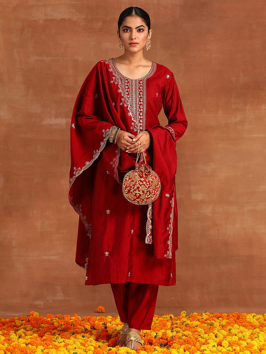 Indo Era Maroon Embroidered Straight Kurta Trousers With Dupatta  Set