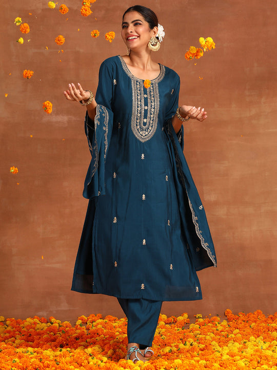 Indo Era Teal Embroidered Straight Kurta Trousers With Dupatta  Set