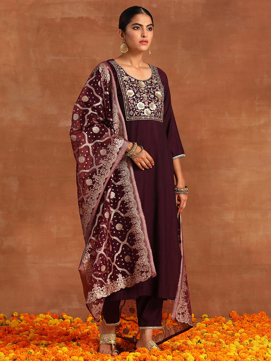 Indo Era Wine Embroidered Straight Kurta Trousers With Dupatta Set