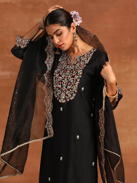 Indo Era Black Embroidered Straight Kurta Trousers With Dupatta Set