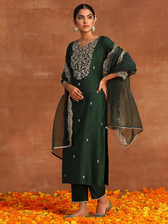 Indo Era Green Embroidered Straight Kurta Trousers With Dupatta Set