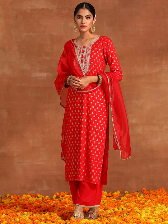Indo Era Red Embroidered Straight Kurta Palazzos With Dupatta Set
