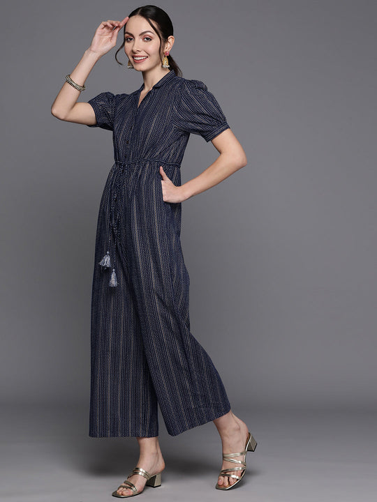 Indo Era Navy Blue Printed Waist Tie-Ups Basic Jumpsuit