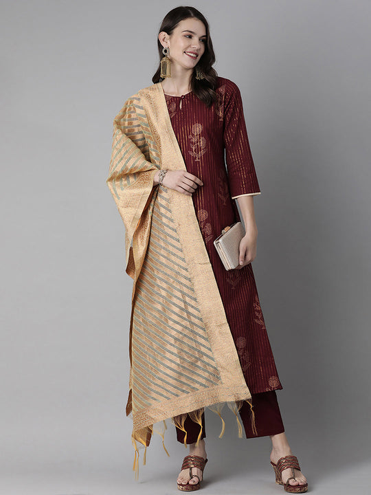 Indo Era Wine Foil Printed Straight Kurta Trouser With Dupatta Set