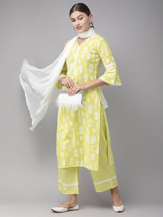 Indo Era Yellow Foil Printed Straight Kurta Palazzo with Dupatta Set