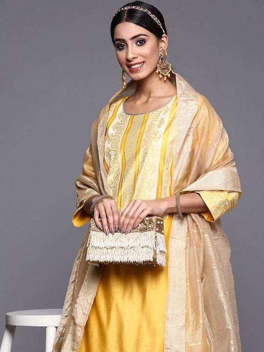Indo Era Yellow Printed Straight Kurta Palazzos With Dupatta Set