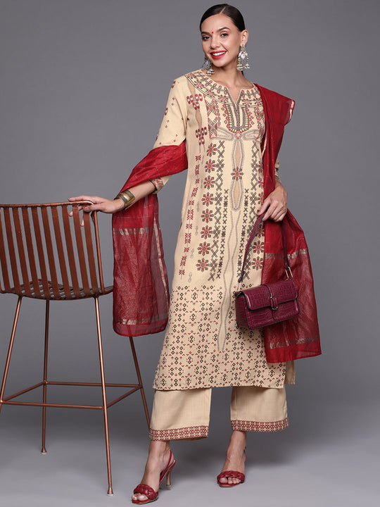 Indo Era Beige Foil Printed Straight Kurta Palazzo With Dupatta Set