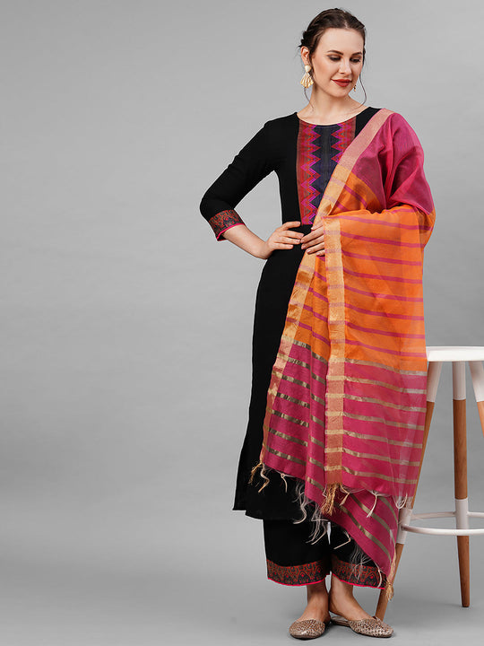 Indo Era Black Solid Kurta Yoke With Palazzo With Ready Made Dupatta Set