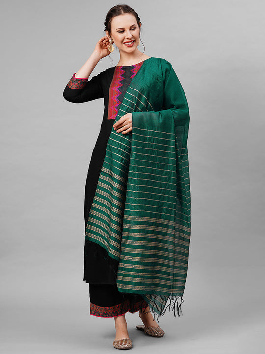 Indo Era Black Yoke Solid Straight Kurta Palazzo With Dupatta Set