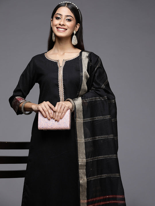 Indo Era Black Yoke Design Straight Kurta Palazzos With Dupatta Set