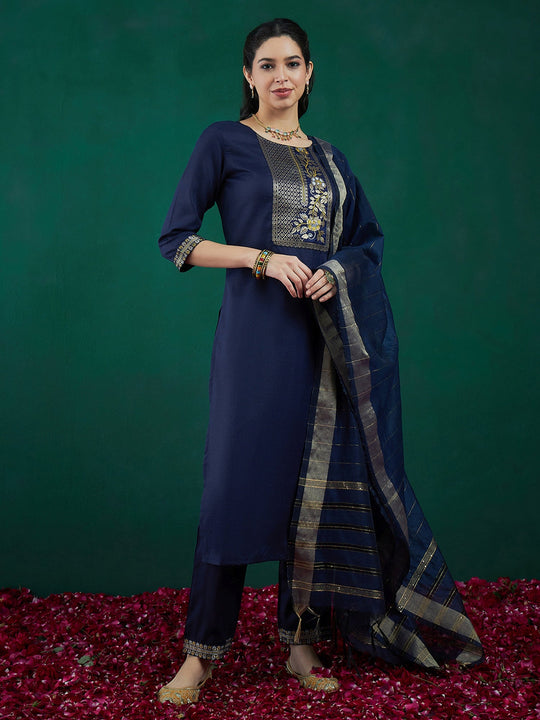 Indo Era Blue Yoke Design Straight Kurta Trousers With Dupatta set