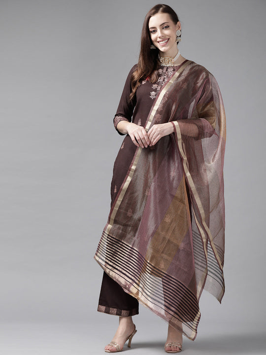 Indo Era Brown Foil Printed Straight Kurta Palazzo With Dupatta Set