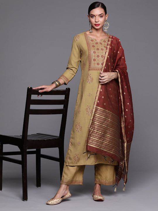 Indo Era Brown Foil Printed Straight Kurta Palazzo With Dupatta Set