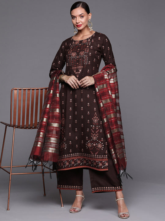Indo Era Brown Foil Printed Straight Kurta Palazzo With Dupatta Set