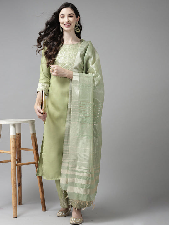 Indo Era Solid Green Straight Kurta Palazzo With Dupatta