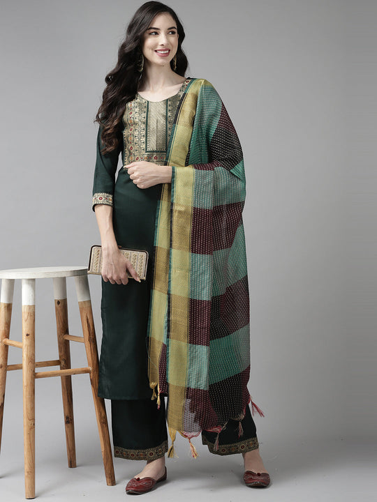 Indo Era Solid Green Straight Kurta Palazzo With Dupatta Set