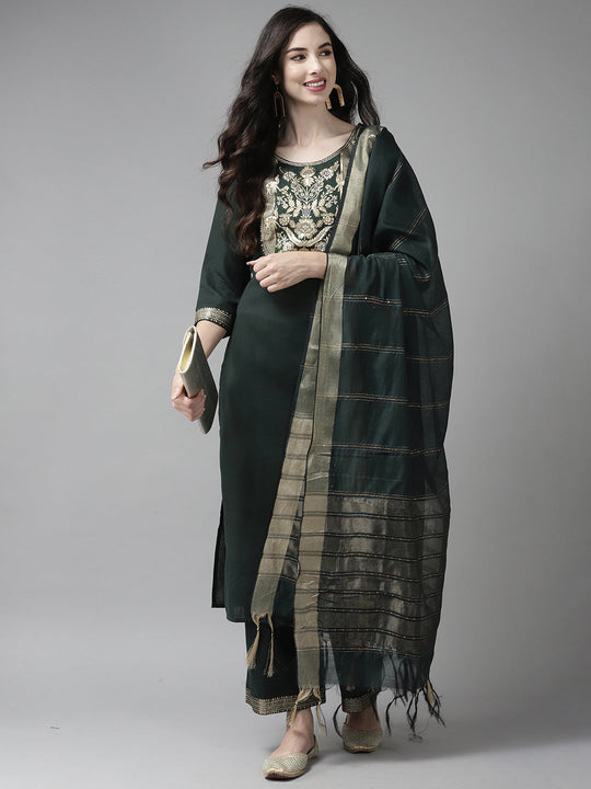 Indo Era Solid Green Straight Kurta Palazzo With Dupatta Set