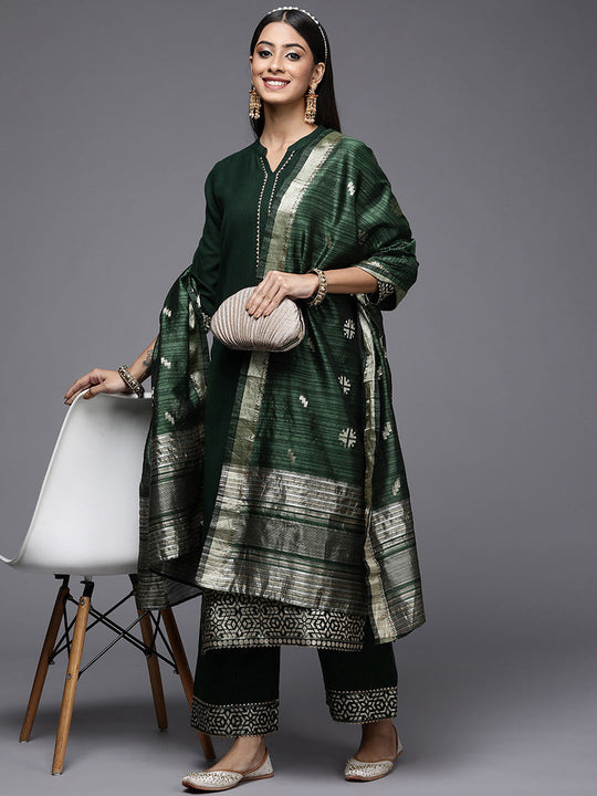 Indo Era Green Yoke Design Straight Kurta Palazzos With Dupatta Set