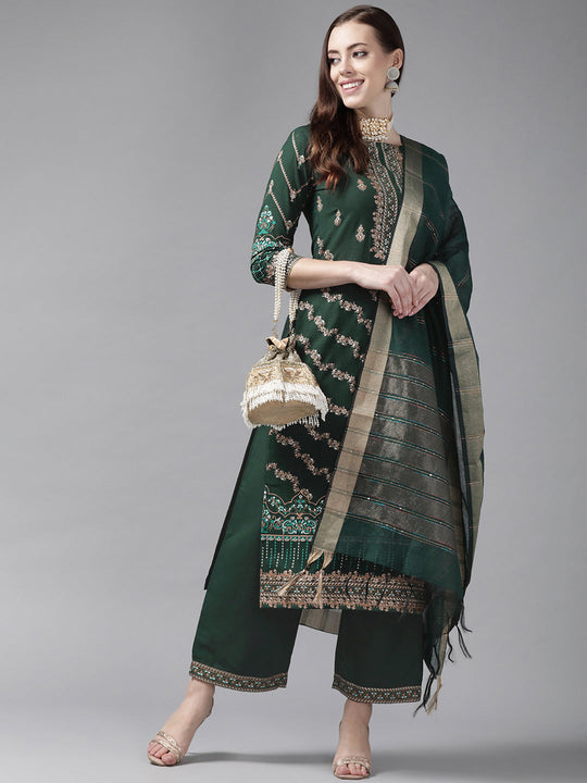 Indo Era Green Foil Printed Straight Kurta Palazzo With Dupatta Set