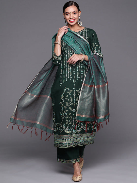 Indo Era Green Foil Printed Straight Kurta Palazzo With Dupatta Set
