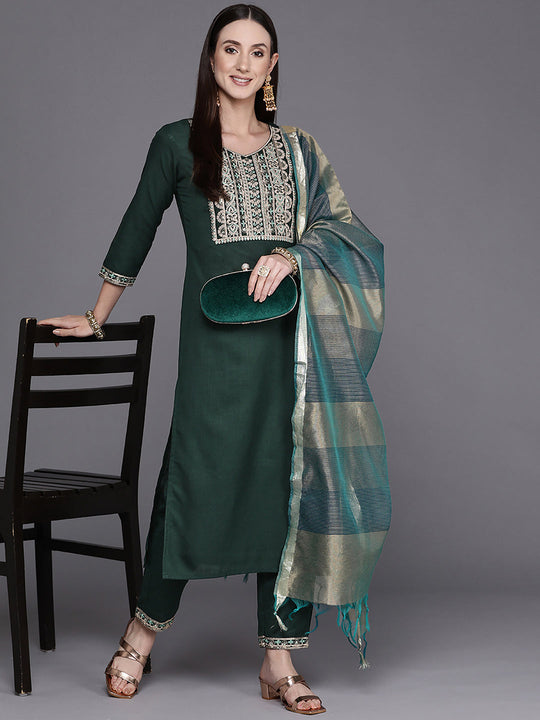 Indo Era Green Embroidery Straight Kurta Palazzos With Dupatta Set