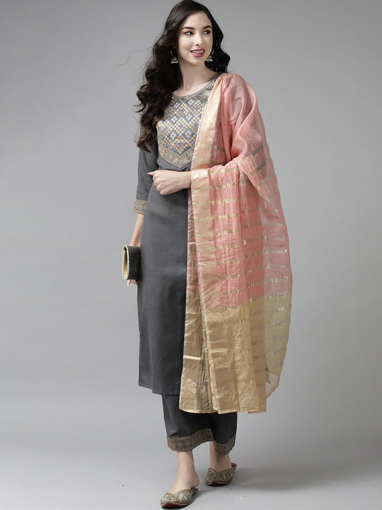 Indo Era Solid Grey Straight Kurta Palazzo With Dupatta Set